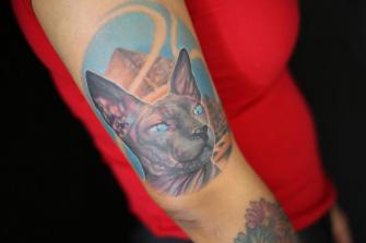 Gato esfinge tatuaje realizado por Old Gangsters Tattoo Shop