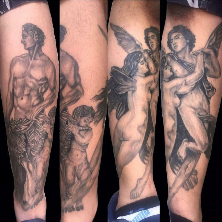 cupido y satiro tatuaje realizado por Rene pacheco