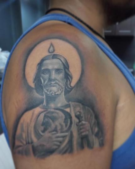 San judas Tadeo  tatuaje realizado por Xacur Tattooist