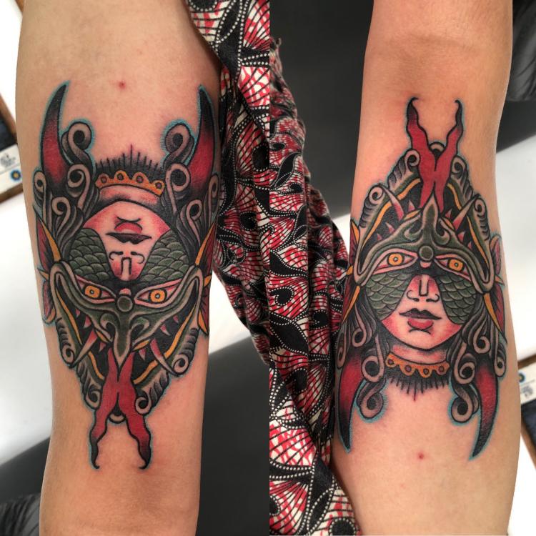 Mujer y demonio tradicional  tatuaje realizado por Edgar Constantino flores (Tino)