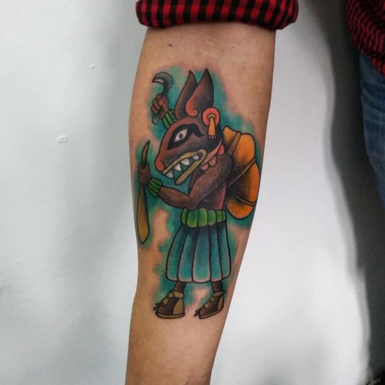 Tlacuache pulquero tatuaje realizado por Carlos Koyote Ramirez