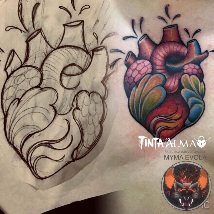 Corazón neotradicional tatuaje realizado por Tinta y Alma