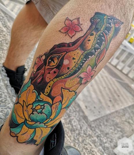 caimán (diseño propio)  tatuaje realizado por Felipe Reyes