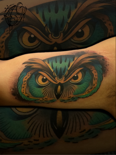 Buho  tatuaje realizado por Christian Garcia (Otto)