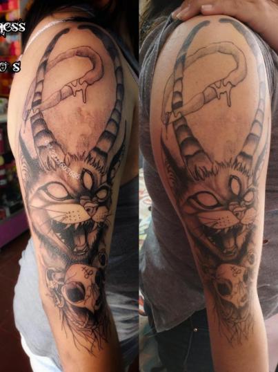 Gato diabolico tatuaje realizado por Jair Rosique