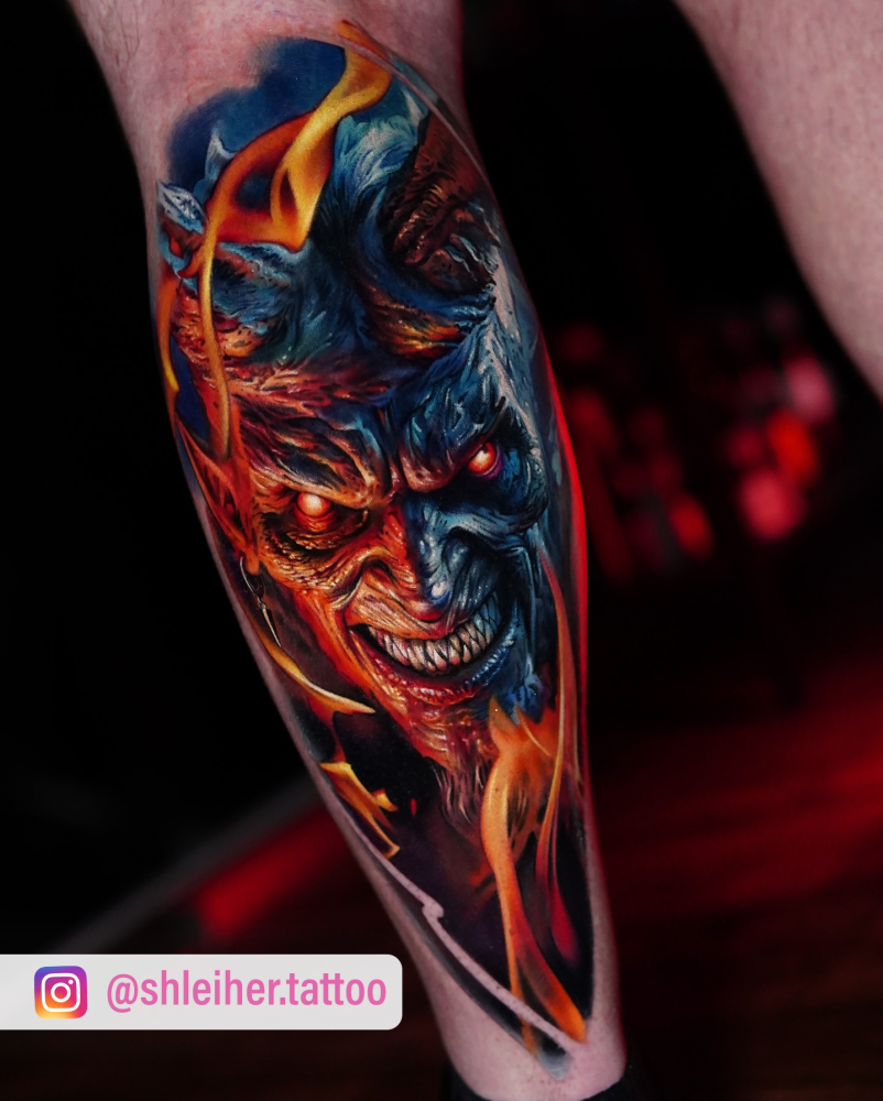 Demonio realismo  tatuaje realizado por Zhenya Shleiher