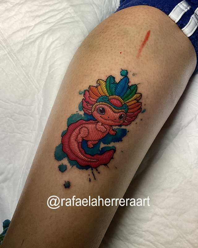 Ajolote, patch tattoo, tatuaje bordado, Rafaela Herrera Art tatuaje realizado por Rafaela Herrera