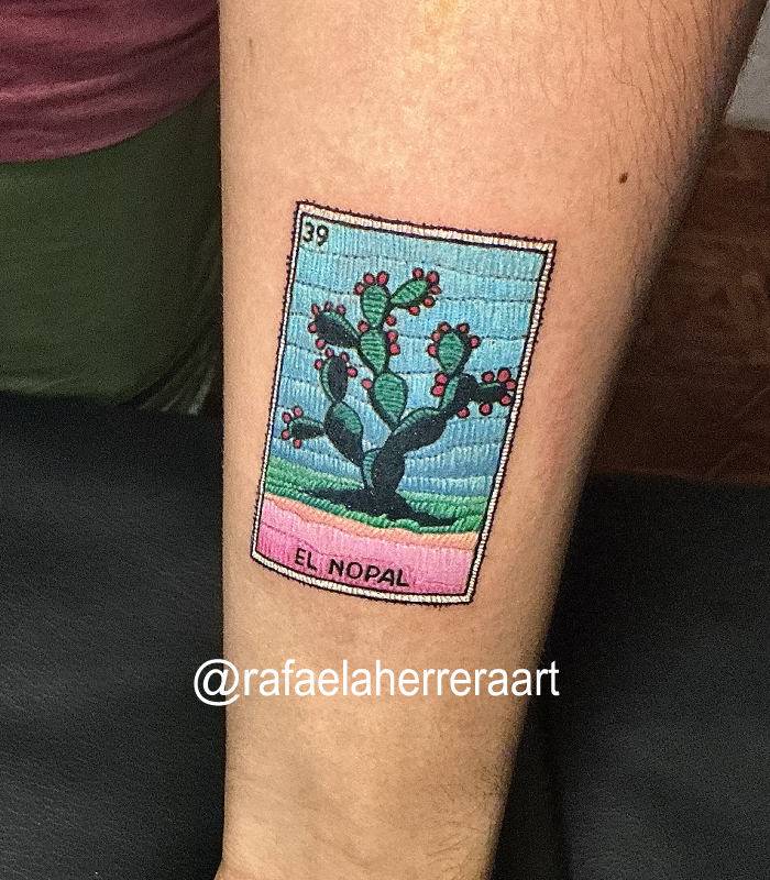 Carta nopal lotería mexicana, Tatuaje estilo bordado, patch tattoo tatuaje realizado por Rafaela Herrera
