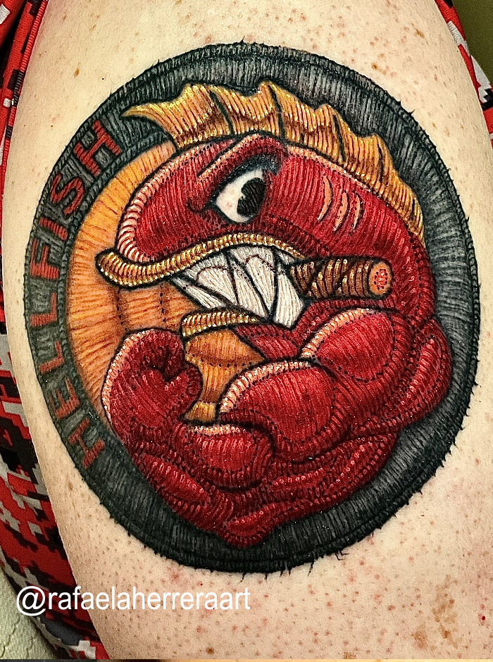 Hell fish, patch tattoo, tatuaje bordado, Rafaela Herrera Art tatuaje realizado por Rafaela Herrera