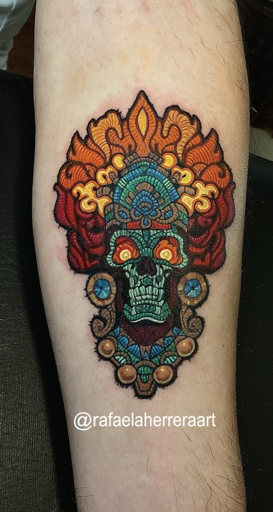 Tlaloc, patch tattoo, tatuaje bordado, Rafaela Herrera Art tatuaje realizado por Rafaela Herrera