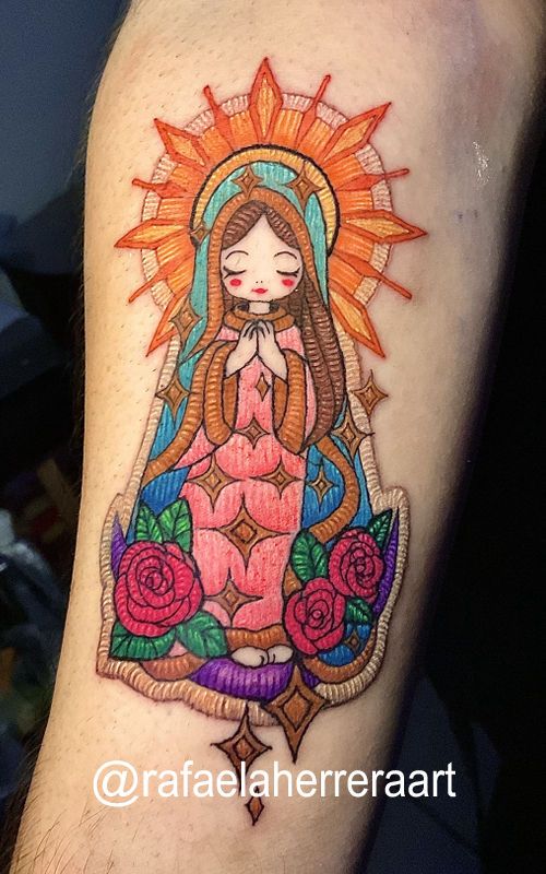 Virgen Guadalupe tatuaje bordado patch tattoo  tatuaje realizado por Rafaela Herrera