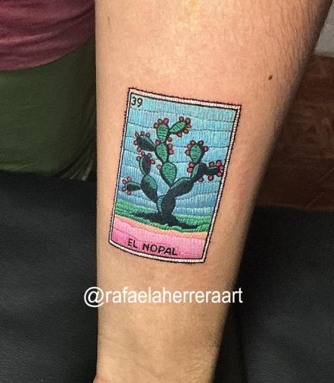 Carta nopal lotería mexicana, Tatuaje estilo bordado, patch tattoo tatuaje realizado por Rafaela Herrera