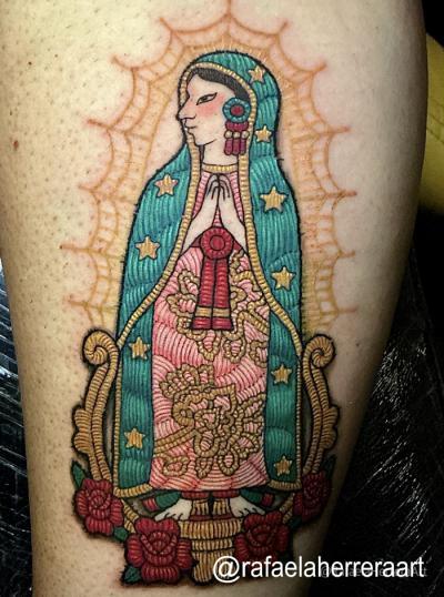 Coatlicue, virgen de Guadalupe, patch tattoo, tatuaje bordado, mexicano, Rafaela Herrera Art tatuaje realizado por Rafaela Herrera
